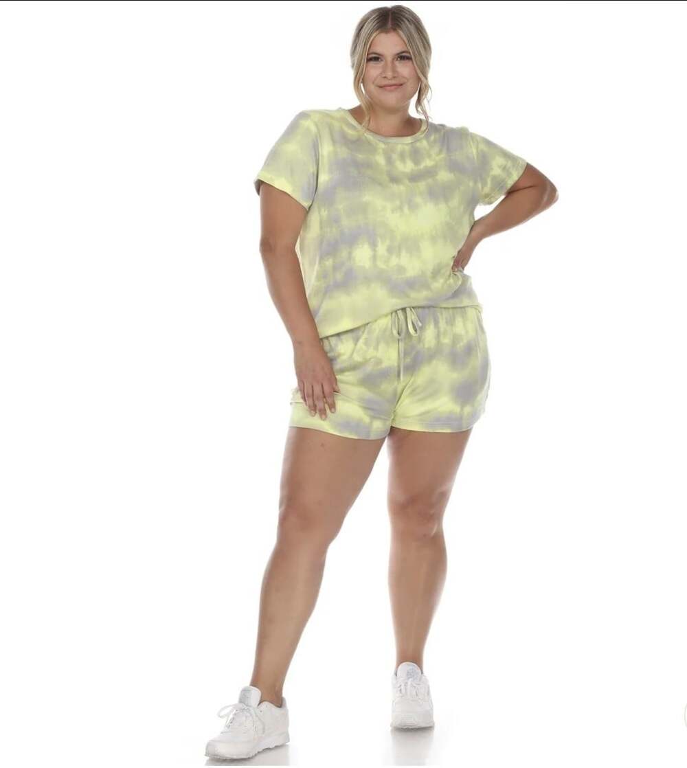 Plus Sz 3xl Green Tie Dye Print Short Sleeve Top & Shorts Lounge Comfort Set